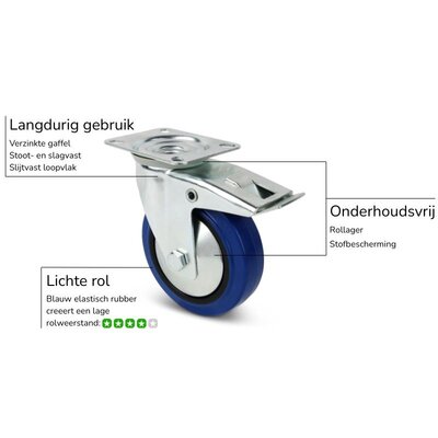Flightcase rubber zwenkwiel met rem 125 mm - 220 kg