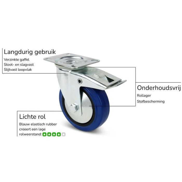 Flightcase rubber zwenkwiel met rem 125 mm - 220 kg