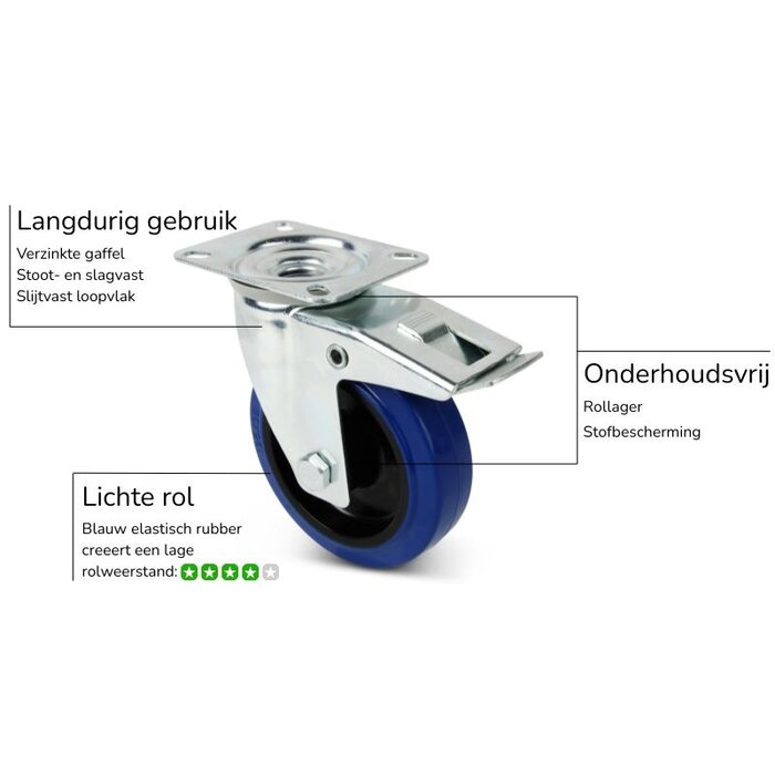 Rubber zwenkwiel met rem 80 mm - rollager - 110 kg