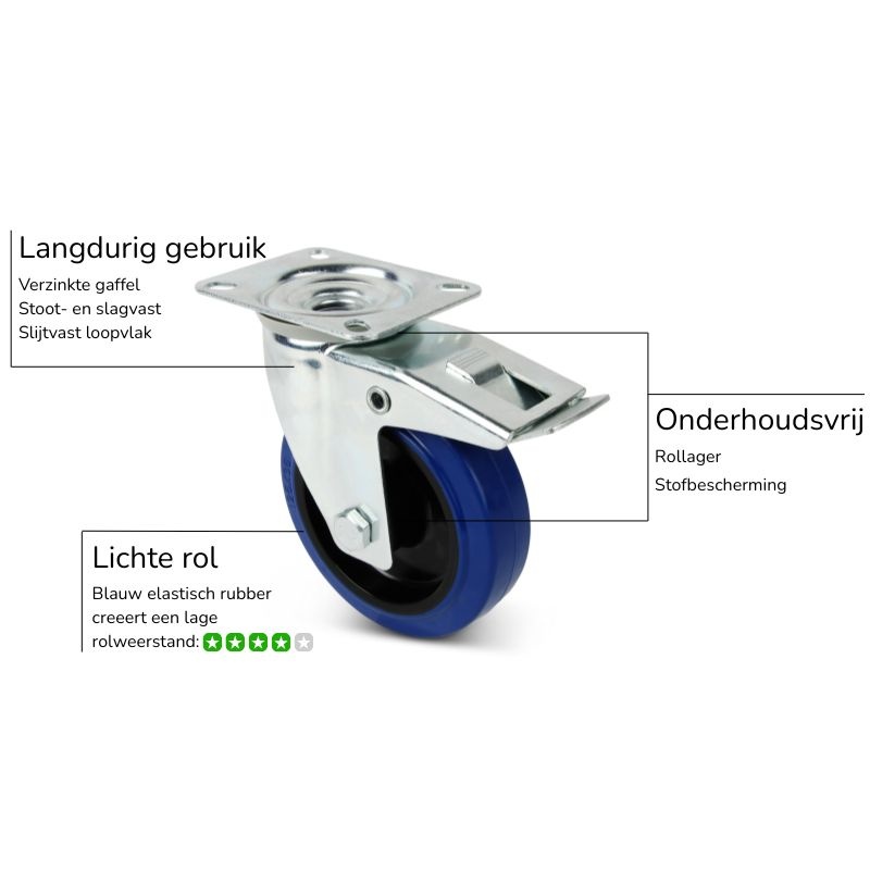 Rubber zwenkwiel met rem 80 mm - rollager - 110 kg