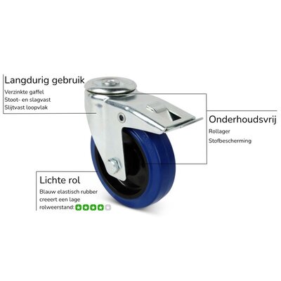 Rubber zwenkwiel met rem 80 mm - rollager - 110 kg