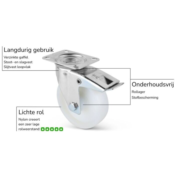 Nylon zwenkwiel met rem 100 mm - rollager - 200 kg