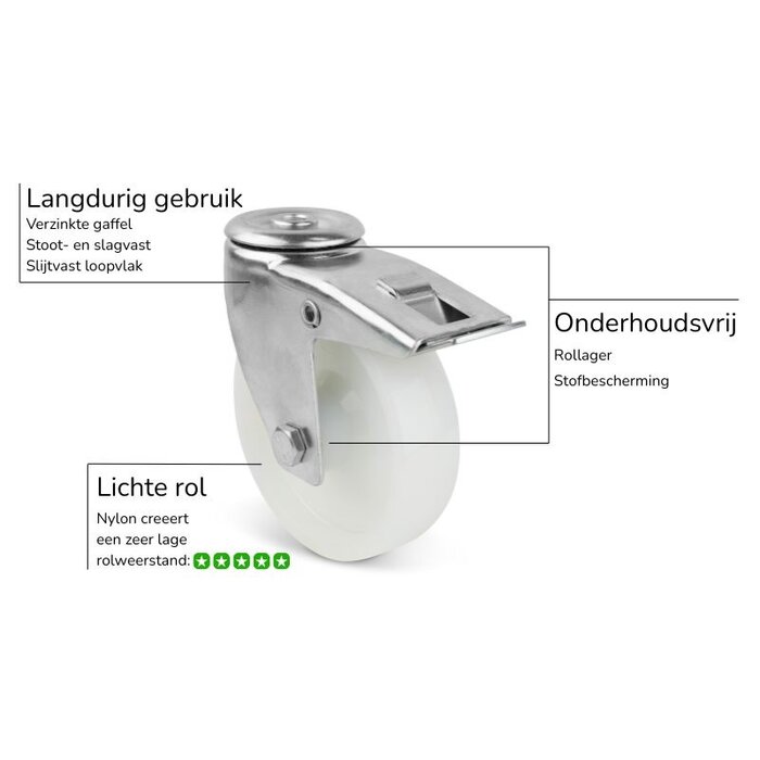 Nylon zwenkwiel met rem 80 mm - rollager - 130 kg