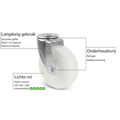 Nylon zwenkwiel 200 mm - boutgat - rollager- 350 kg
