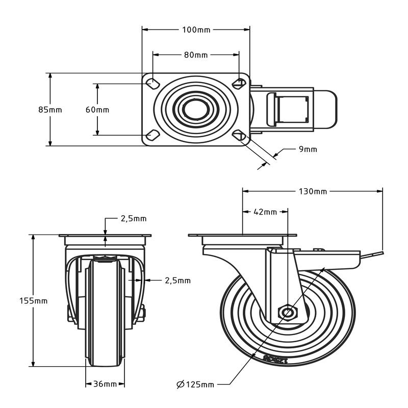 Rvs zwenkwiel met rem 125 mm - Elastisch rubber - 190 kg
