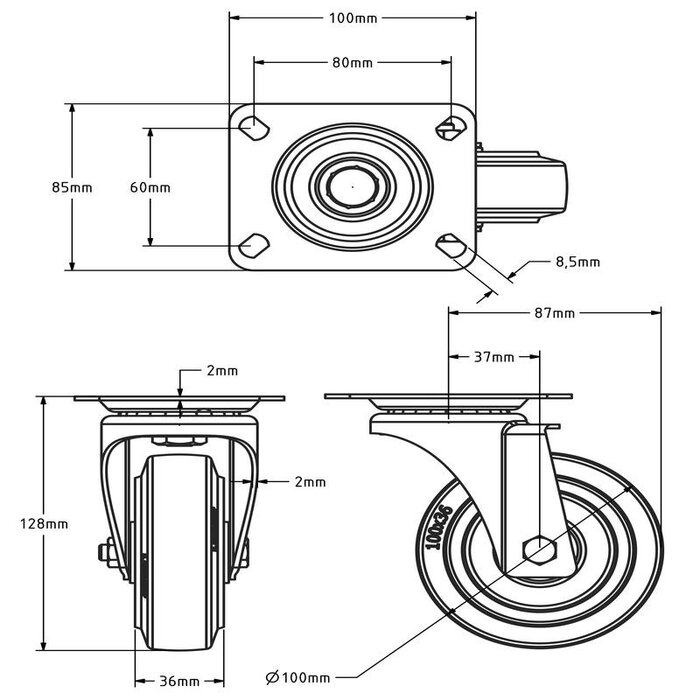 Hittebestendig zwenkwiel rubber 100 mm - 80 kg