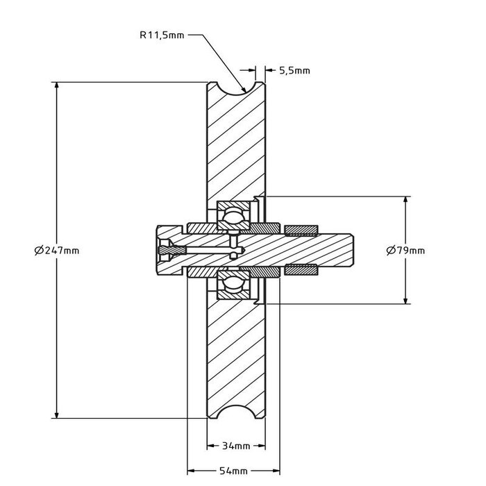 Groefwiel 250 mm met U groef - 800 kg