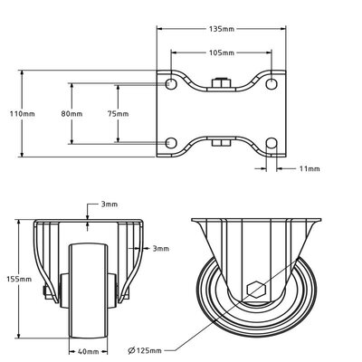 Rvs bokwiel 125 mm - Nylon - 350  kg