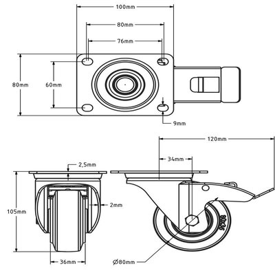 Rvs zwenkwiel 80 met rem - Elastisch rubber - 110 kg