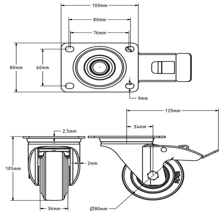 Rvs zwenkwiel 80 met rem - Elastisch rubber - 110 kg