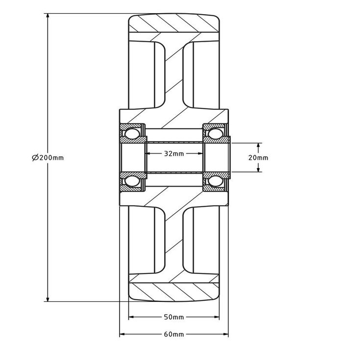 Rvs wiel 200 mm - blauw - PU - kogellager - 600 kg