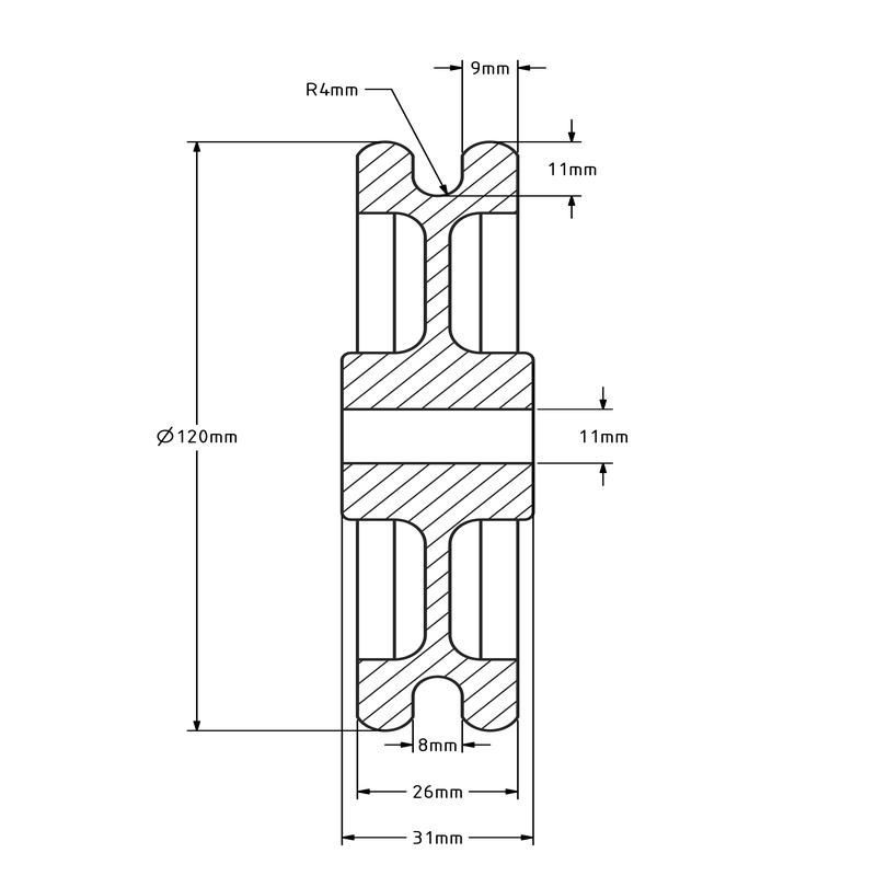 Kabelschijf 120 mm met U groef - 140 kg