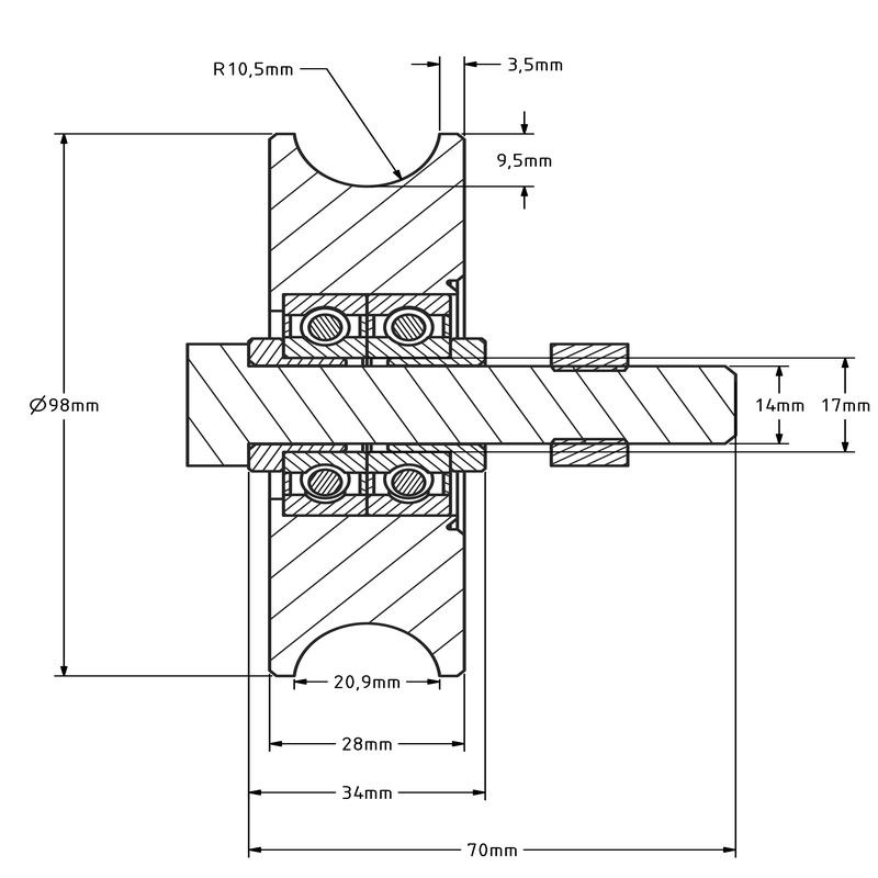 Rvs groefwiel 100 mm met U groef - 425 kg