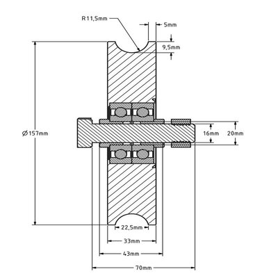 Rvs groefwiel 160 mm met U groef - 575 kg