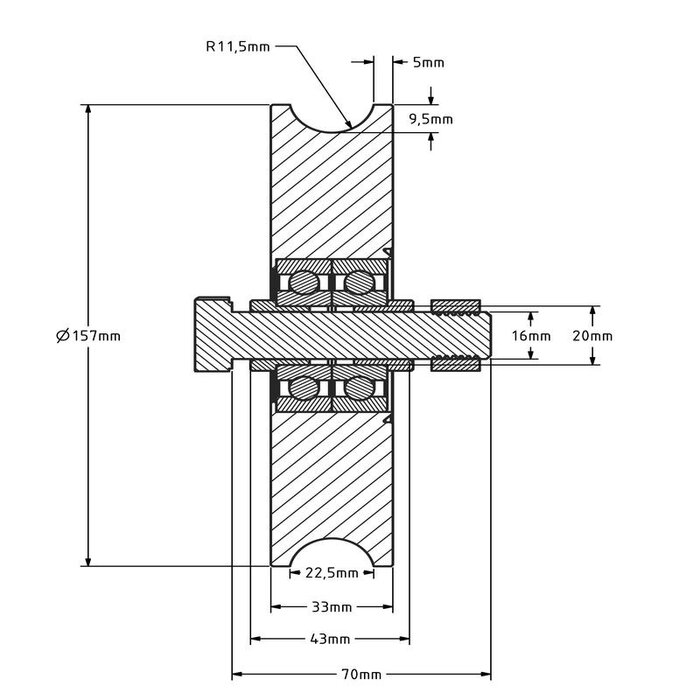 Rvs groefwiel 160 mm met U groef - 575 kg