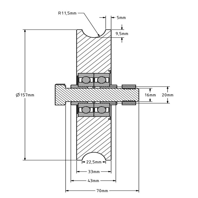 Rvs groefwiel 160 mm met U groef - 575 kg