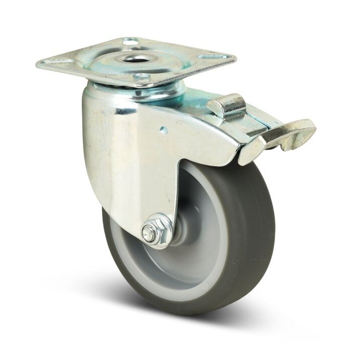 Rubber zwenkwiel met rem 75 mm - plaat - 75 kg