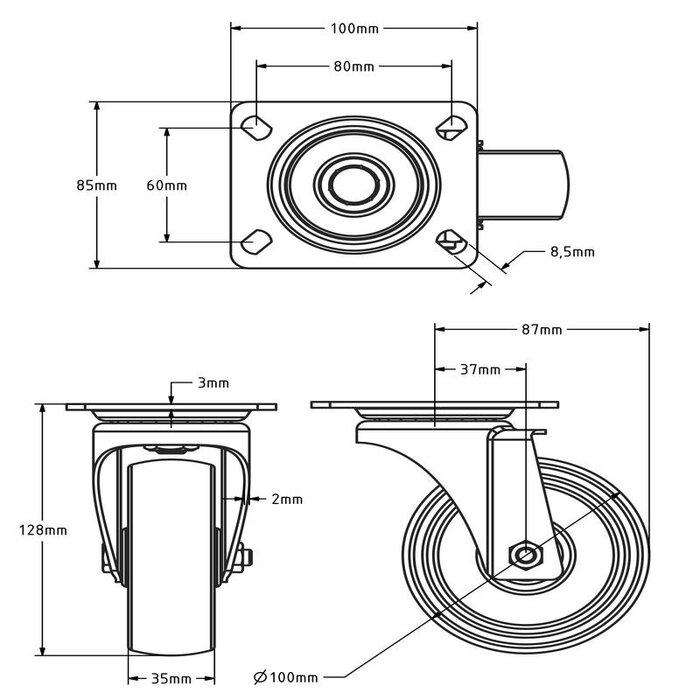 Hittebestendig zwenkwiel 100 mm - 150 kg