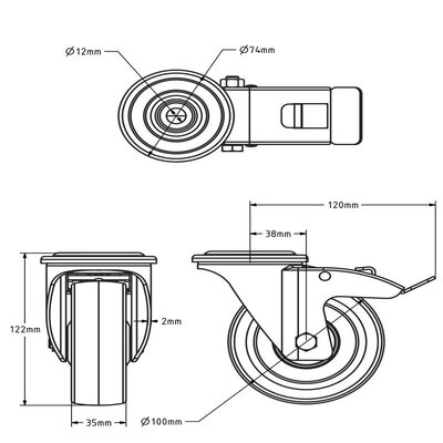 Rvs PU zwenkwiel met rem 100 mm - boutgat - rollager - 150 kg