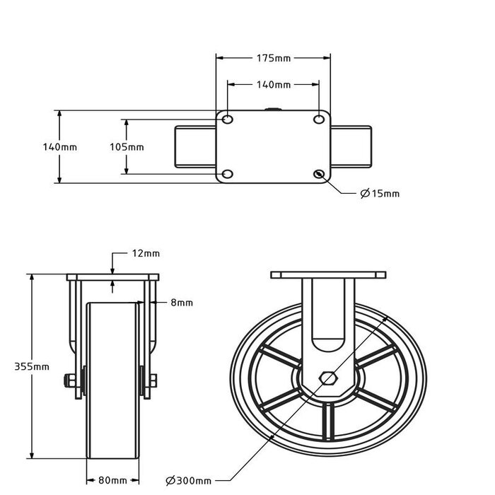 PU bokwiel 300 mm - kogellager - 2100 kg
