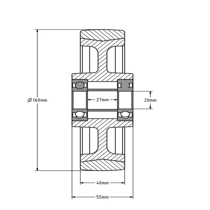 Rvs wiel 160 mm - zacht PU - kogellager - 450 kg