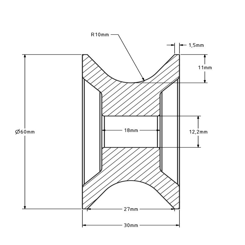 Kunststof kabelschijf 60 mm met U groef - 90 kg