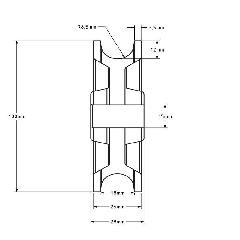 Kunststof kabelschijf 100 mm met U groef - 160 kg