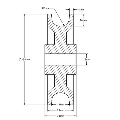 Kunststof kabelschijf 120 mm met U groef - 300 kg
