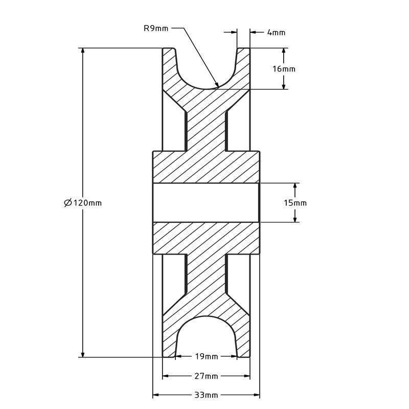 Kunststof kabelschijf 120 mm met U groef - 300 kg