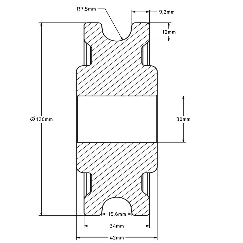 Kunststof kabelschijf 125 mm met U groef - 500 kg