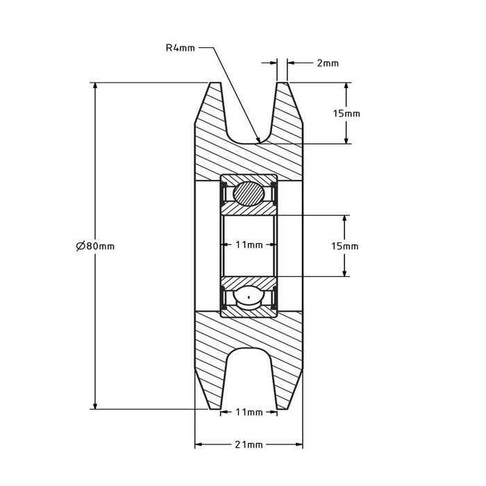 Kunststof kabelschijf 80 mm met U groef - 245 kg