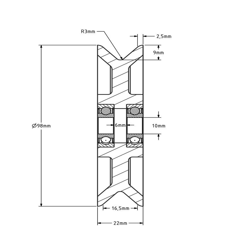 Kunststof kabelschijf 98 mm met U groef - 150 kg