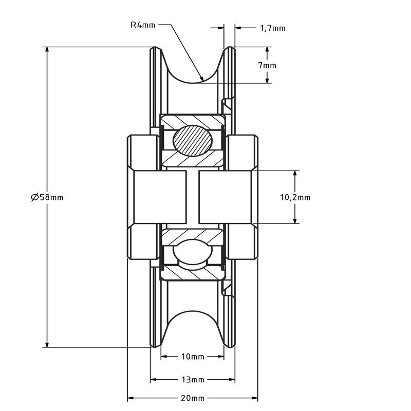 Kabelschijf 60 mm met U groef - 100 kg