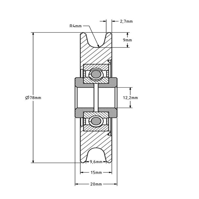 Kabelschijf 78 mm met U groef - 200 kg