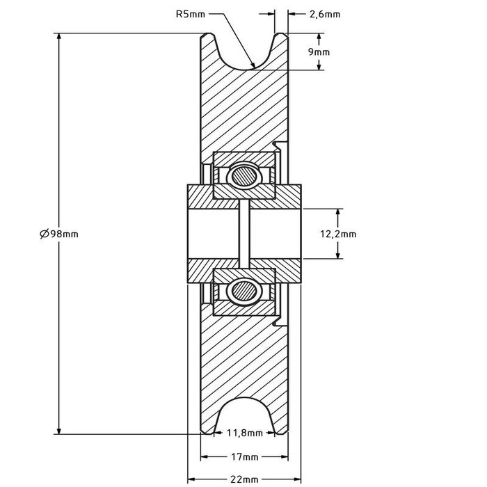Kabelschijf 98 mm met U groef - 220 kg