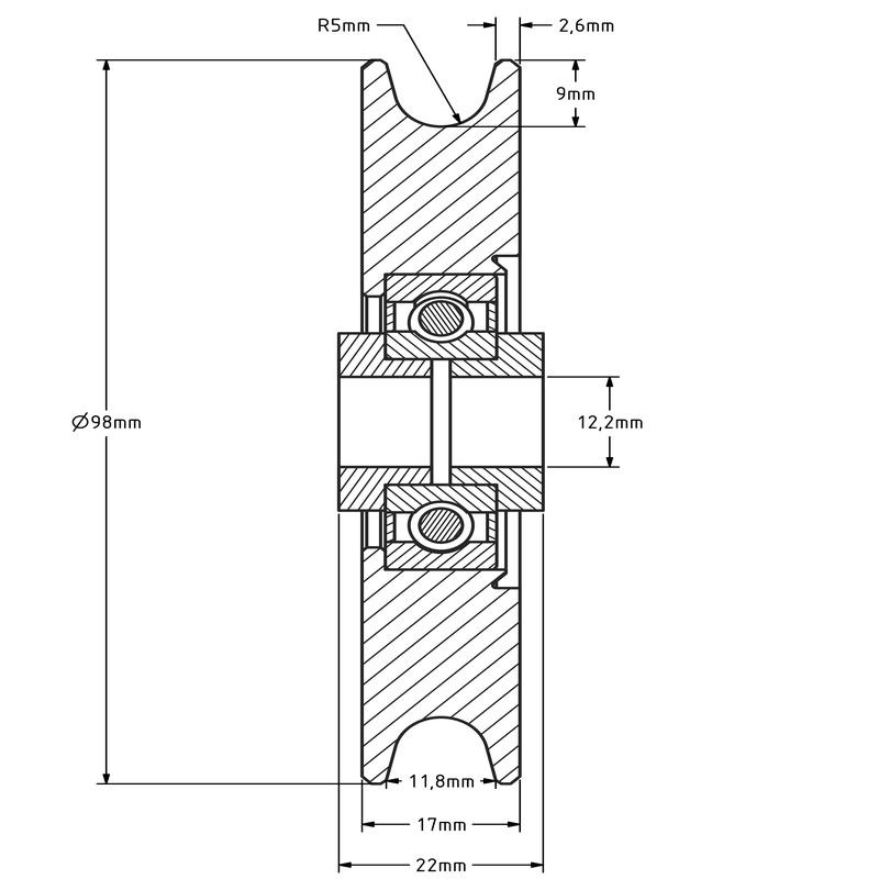 Kabelschijf 98 mm met U groef - 220 kg