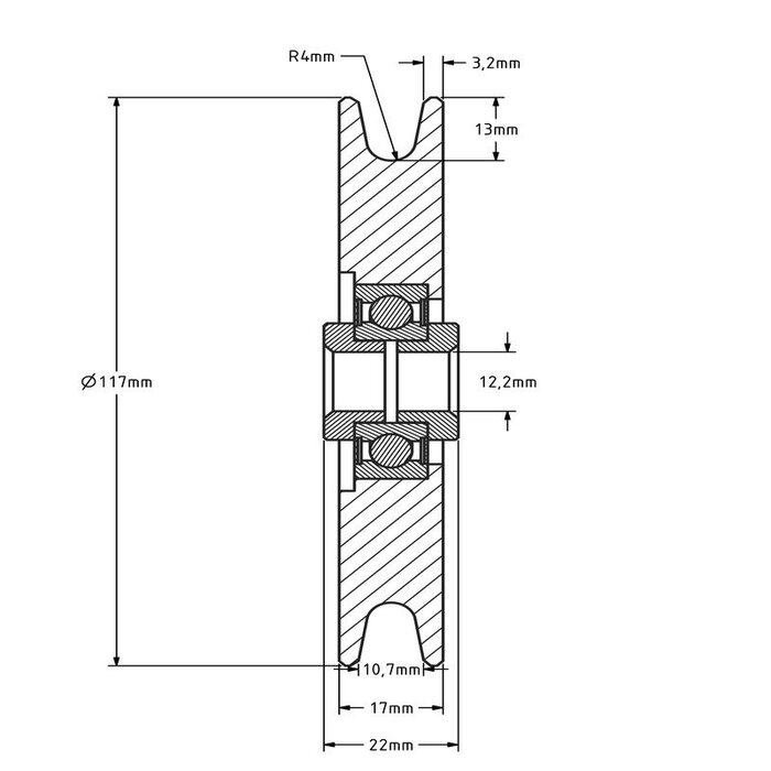Kabelschijf 117 mm met U groef - 240 kg
