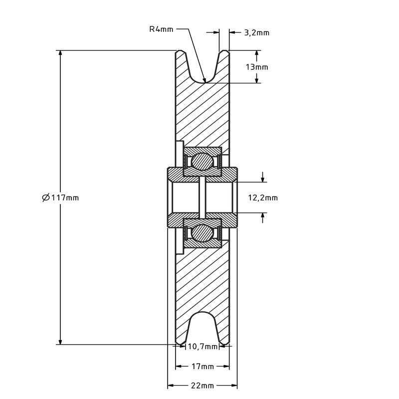 Kabelschijf 117 mm met U groef - 240 kg