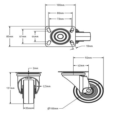 Hittebestendig zwenkwiel 100 mm - kogellager - 220 kg