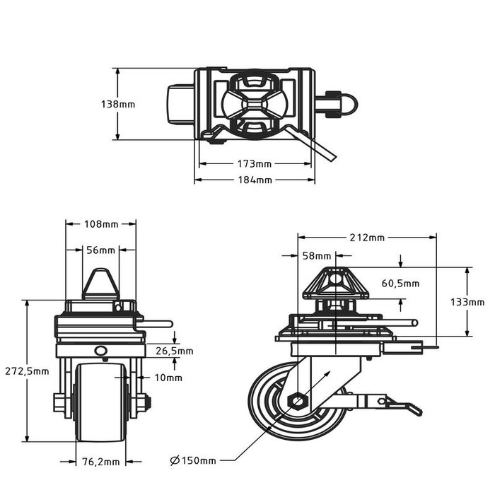 ISO zeecontainer zwenkwiel met rem 150 mm - 1800 kg