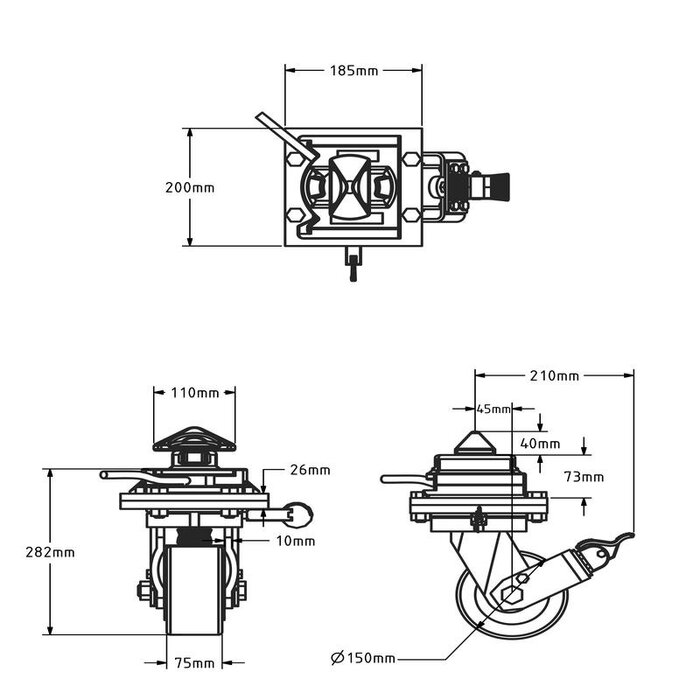 ISO zeecontainer zwenkwiel met rem 150 mm - 3000 kg
