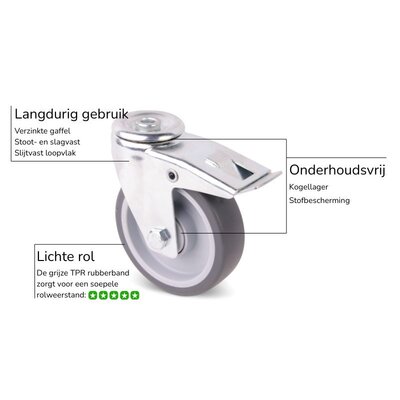 Rubber zwenkwiel met rem 80 mm - kogellager - 80 kg