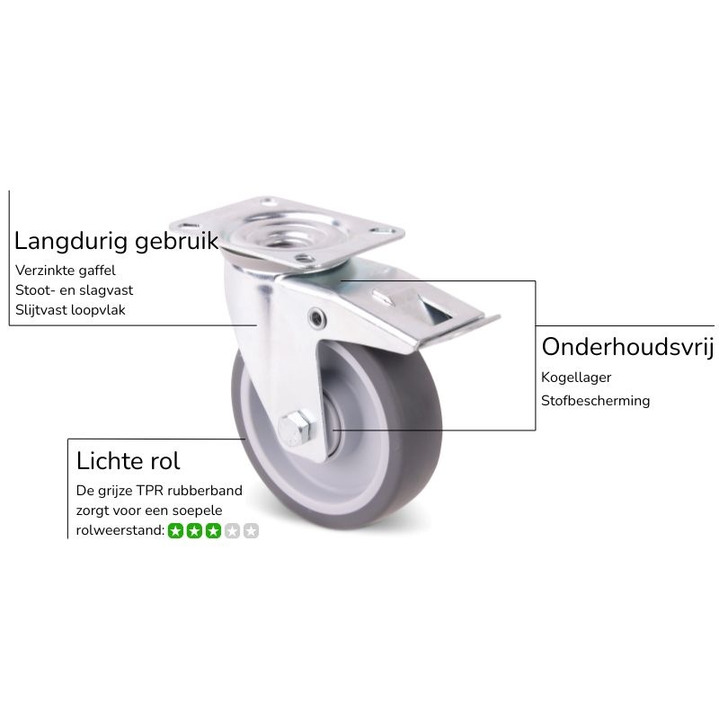 Rubber zwenkwiel met rem 80 mm - kogellager - 80 kg