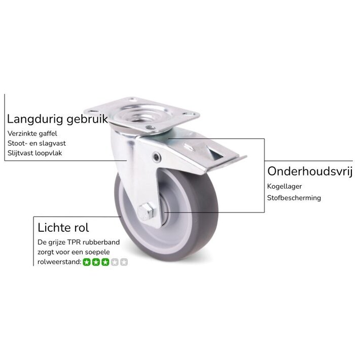 Rubber zwenkwiel met rem 100 mm - kogellager - 100 kg