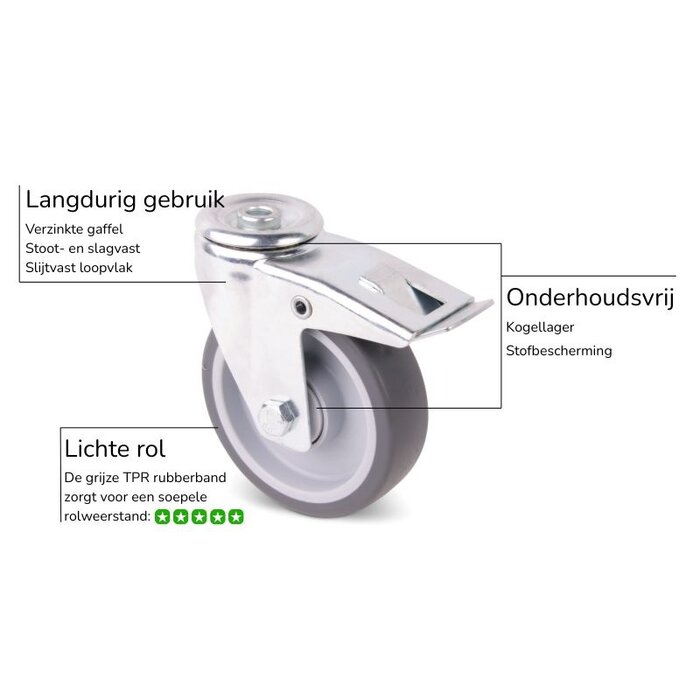 Rubber zwenkwiel met rem 100 mm - kogellager - 100 kg