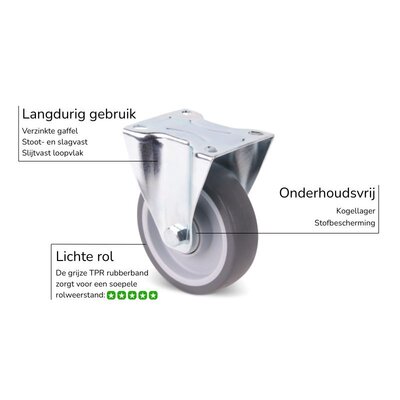 Rubber bokwiel 125 mm - kogellager - 135 kg