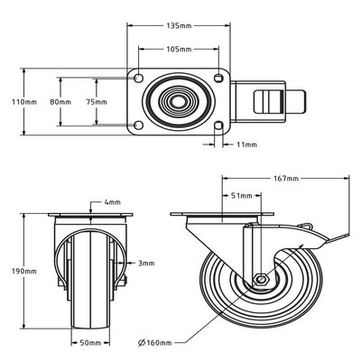 Rvs PU zwenkwiel met rem 160 mm - kogellager - 450 kg
