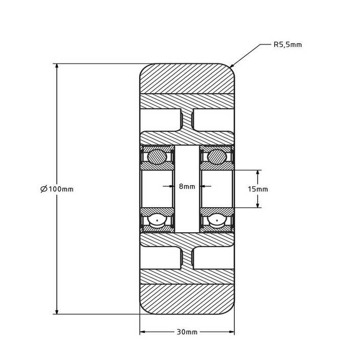 PU wiel 100 mm - kogellager asgat 15 mm - 250 kg