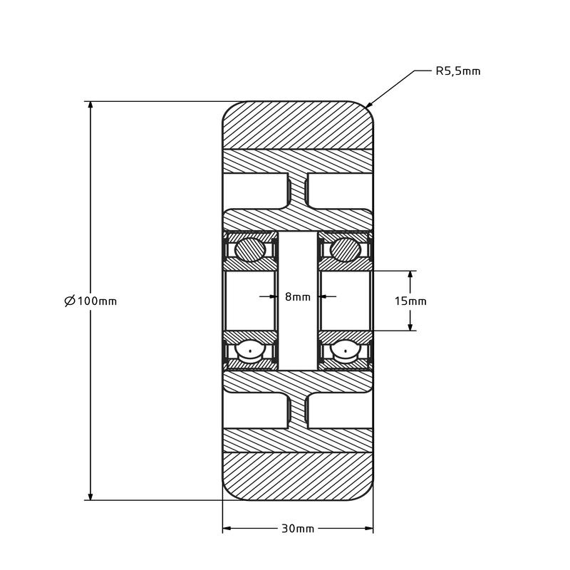 PU wiel 100 mm - kogellager asgat 15 mm - 250 kg
