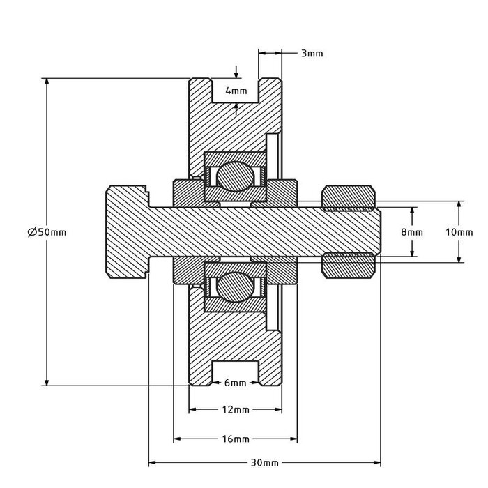 Groefwiel 50 mm met vierkante groef - 70 kg